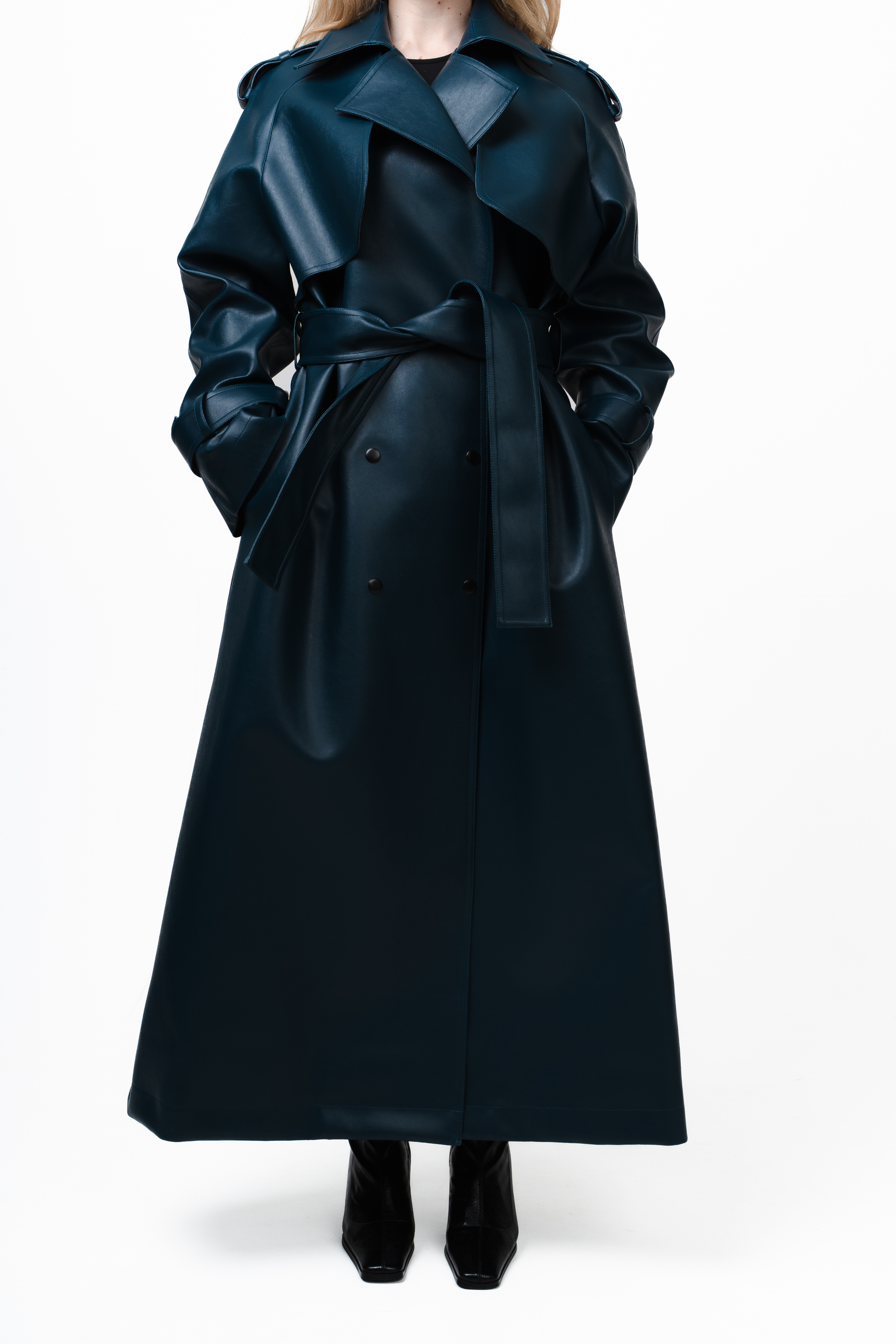 Navy Blue Trench Coat in Vegan Leather-3