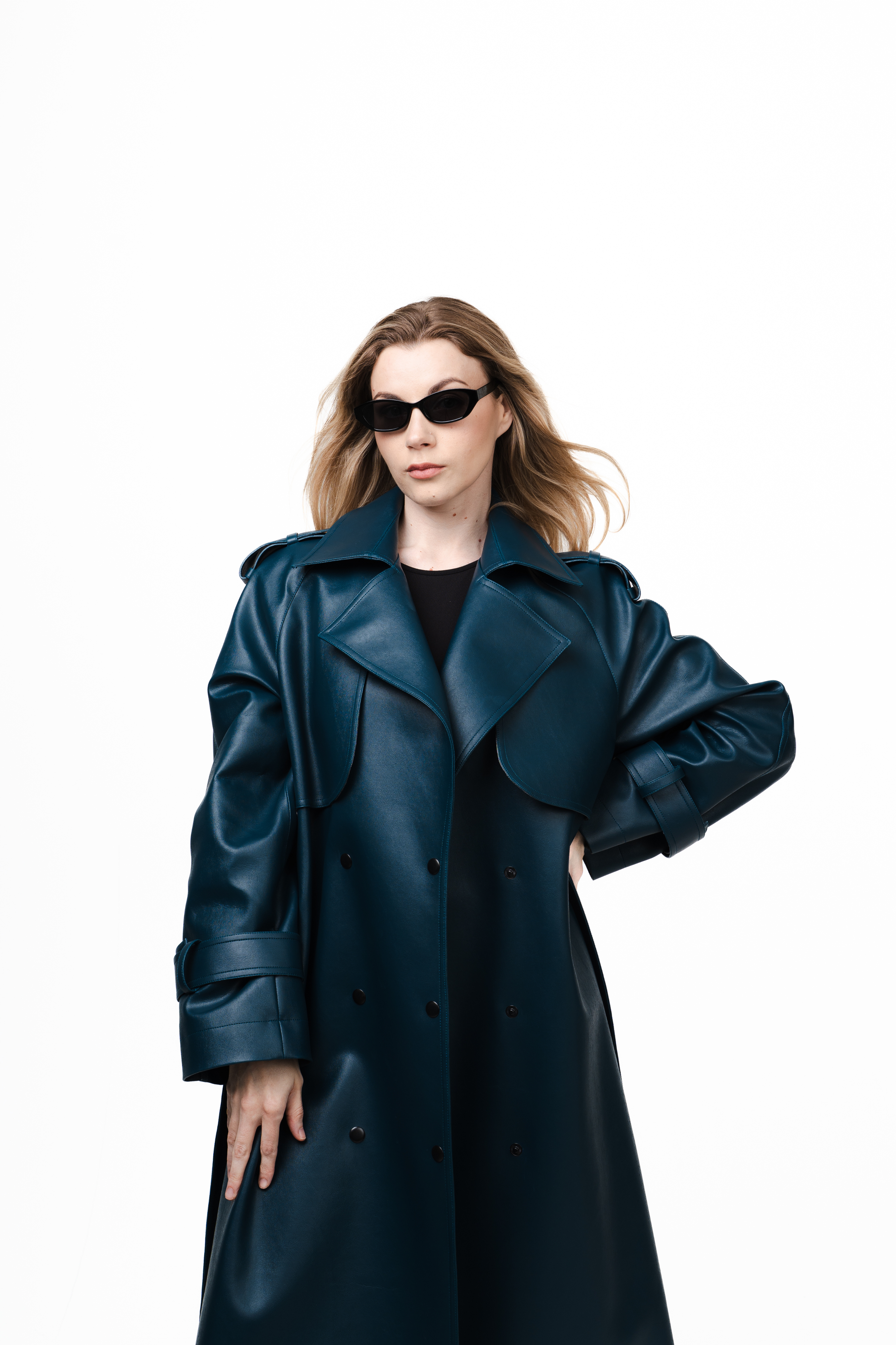 Navy Blue Trench Coat in Vegan Leather-8