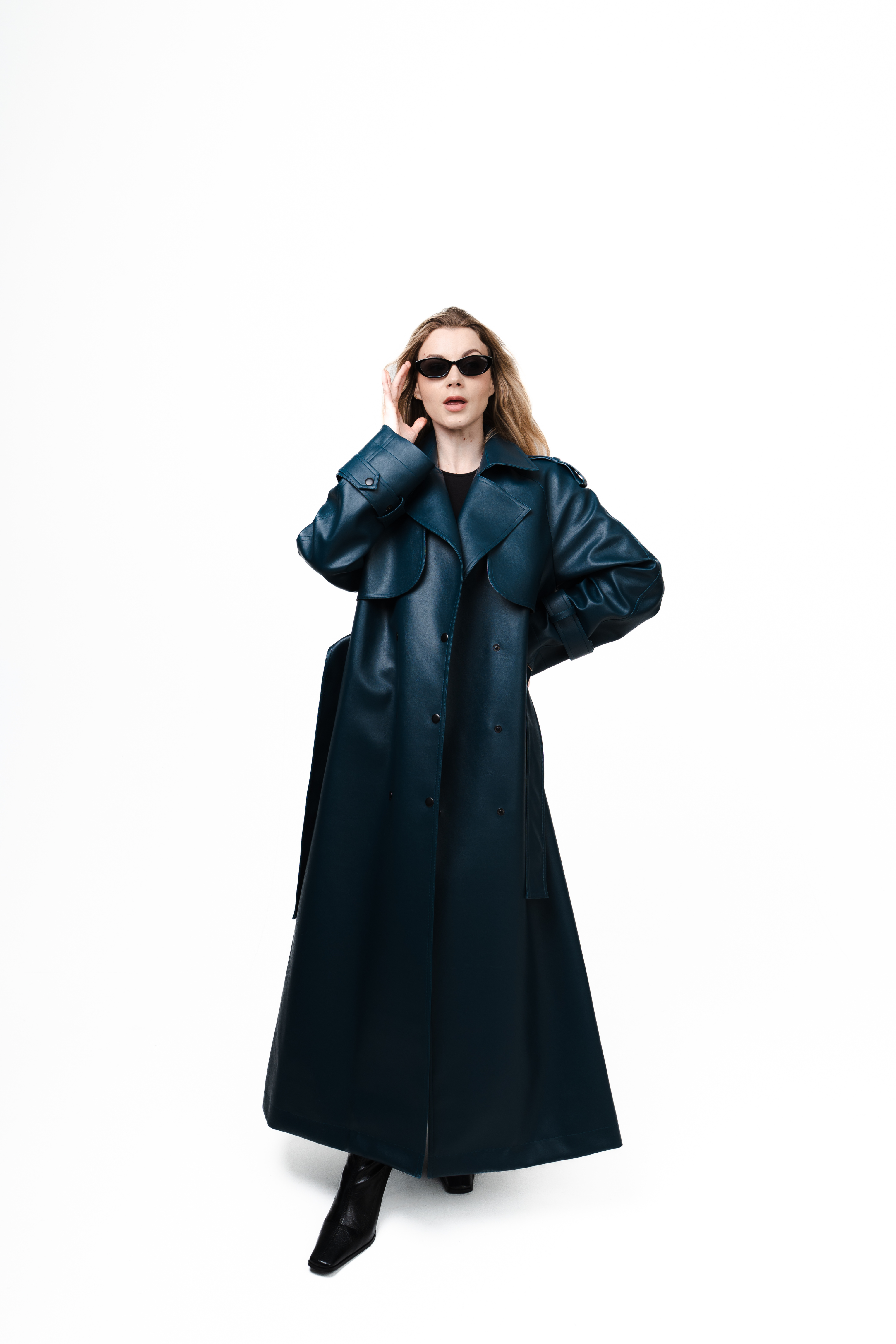 Navy Blue Trench Coat in Vegan Leather-5