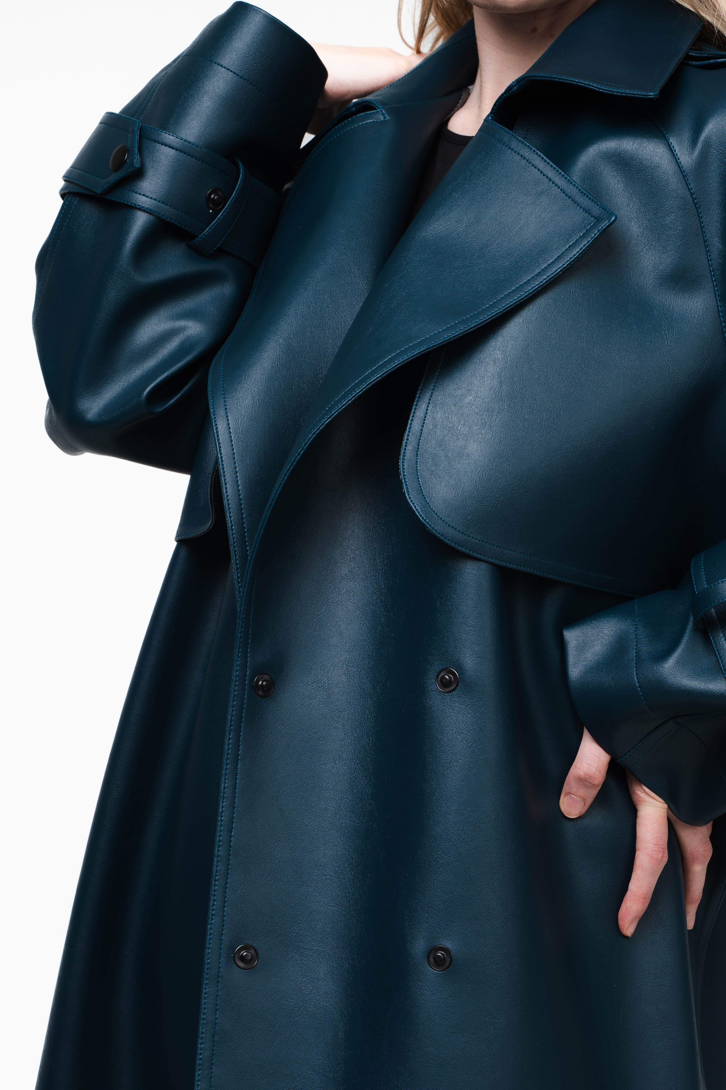 Navy Blue Trench Coat in Vegan Leather-7